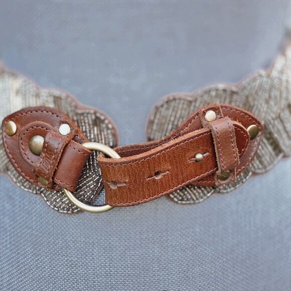 Wide Beaded Leather Belt Scalloped Boho Anthropologie Style Small